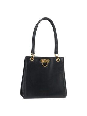 Authentic Salvatore Ferragamo Gancini Shoulder Bag Leather Navy Gold